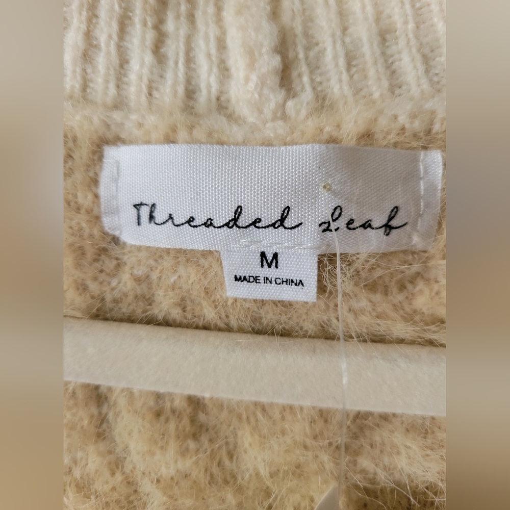 New Vegan Fur Textured Checkered Knit Open Cardigan with Ribbed Trim - Picture 4 of 7